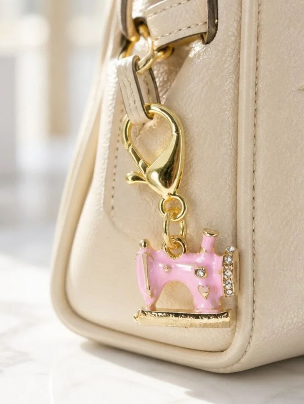 Pink Sewing Machine Keychain Gold Clip Rhinestone Sewist Gift Bag Charm Kawaii
